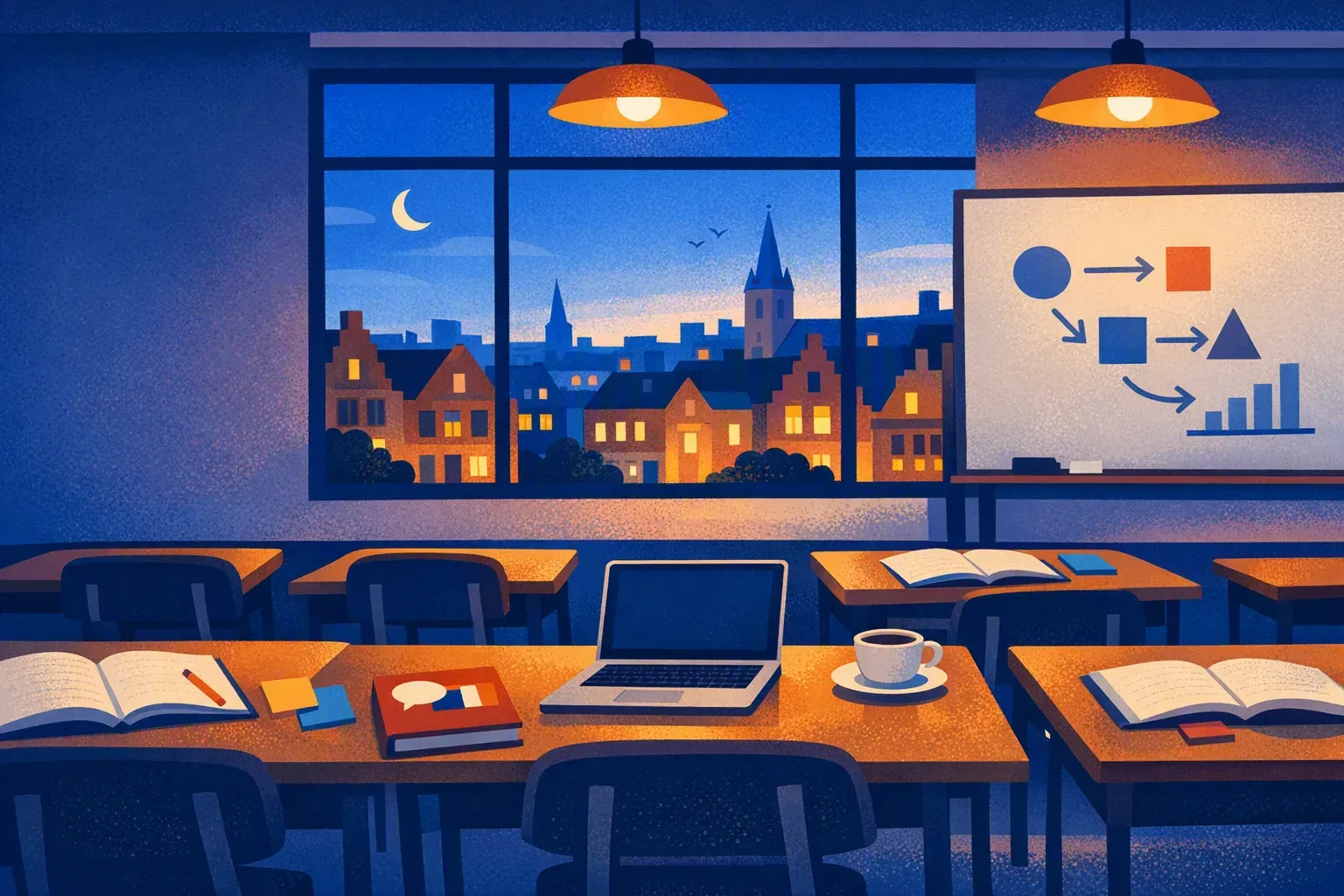 Salle de cours du soir pour adultes, cahiers ouverts et ville belge à la fenêtre